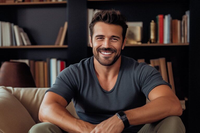 A person sitting in front of a book shelf